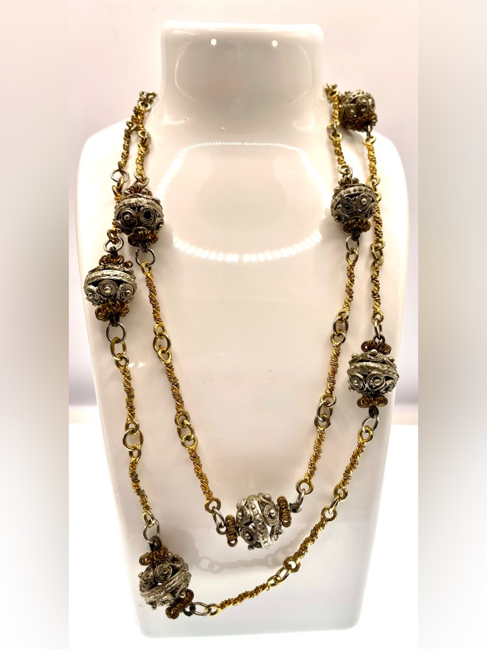 Vintage 1960s-70s Etruscan Revival Rustic Filigree Statement Necklace 38”